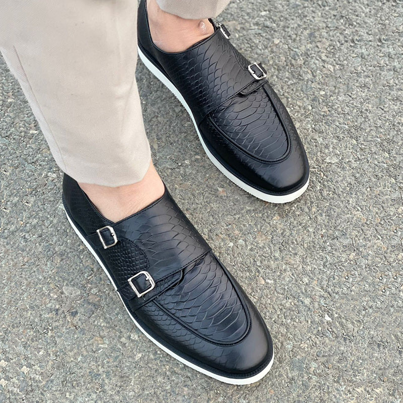 Black Textured Double Monk Casual Shoes