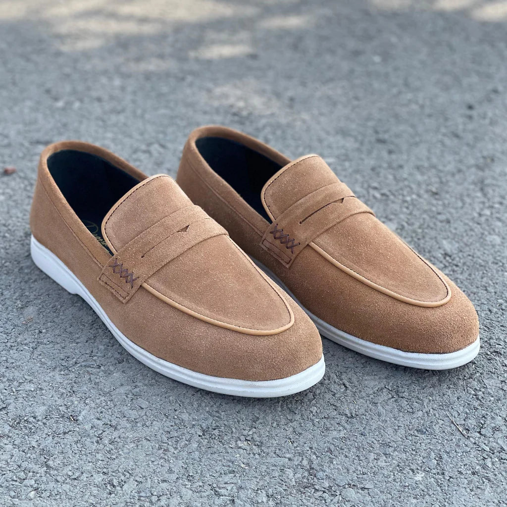 Tan Brown Suede Slip On Penny Loafers