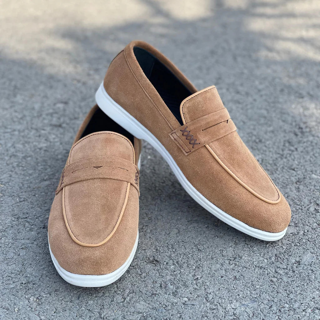 Tan Brown Suede Slip On Penny Loafers