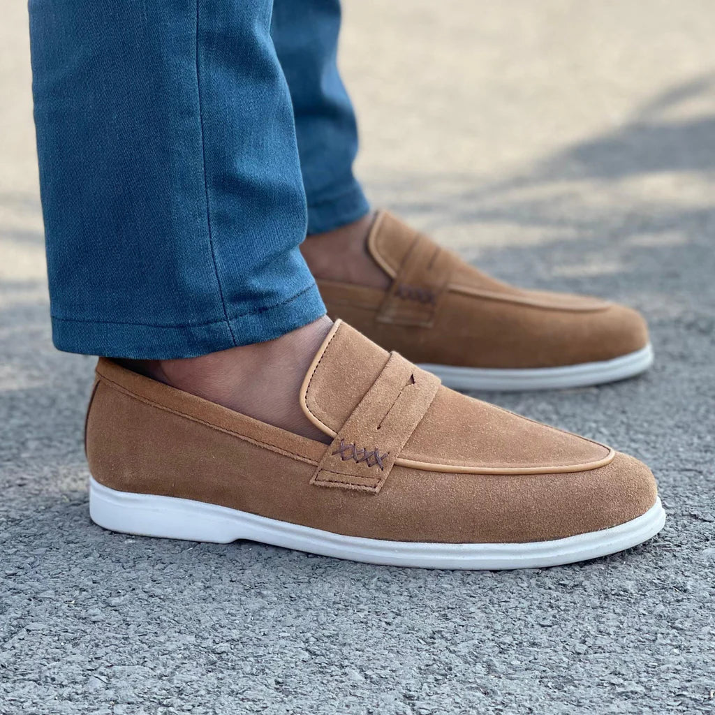 Tan Brown Suede Slip On Penny Loafers