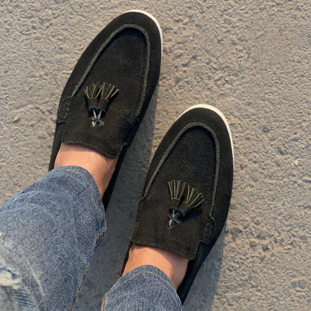 Black Suede Slip On Tassel Loafers