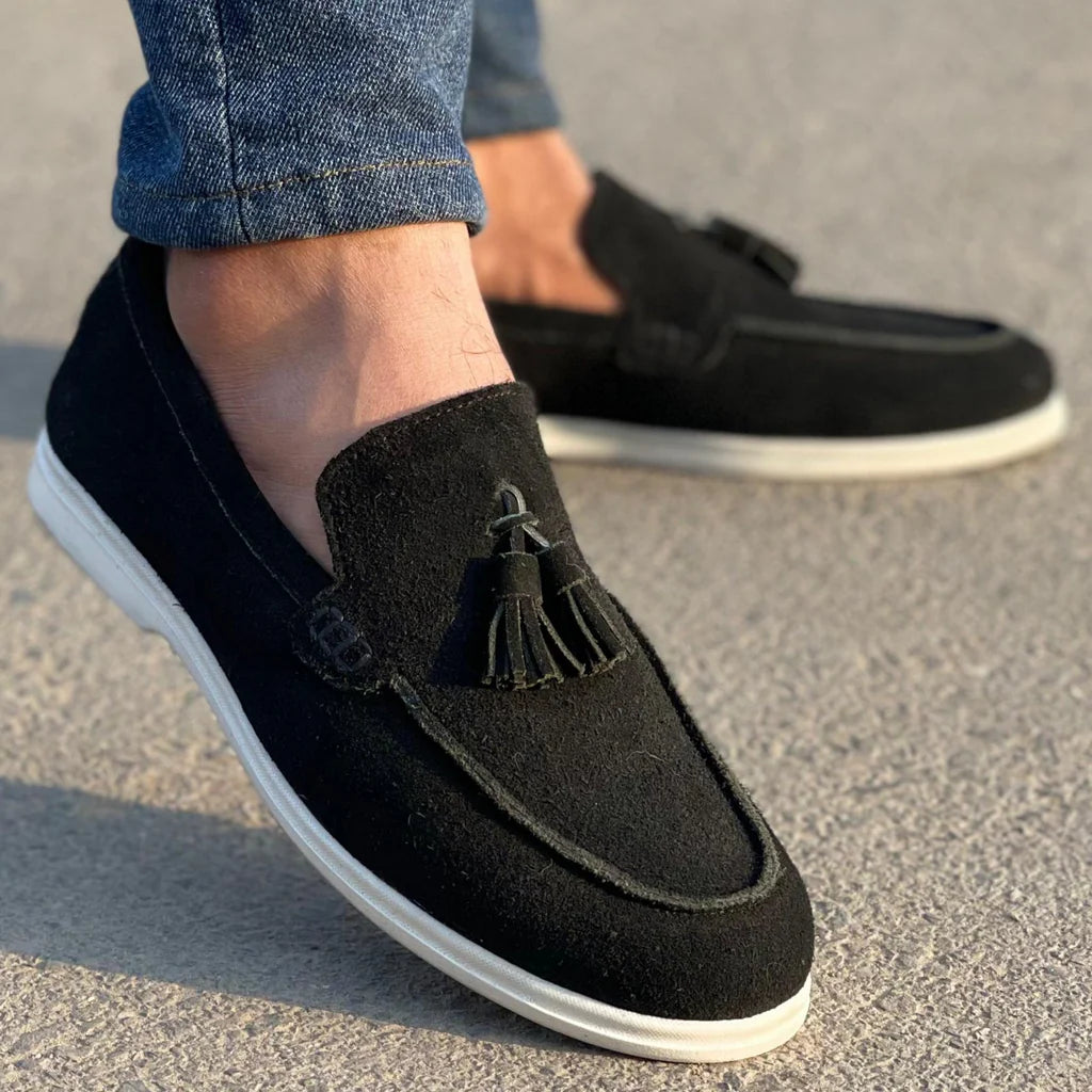 Black Suede Slip On Tassel Loafers