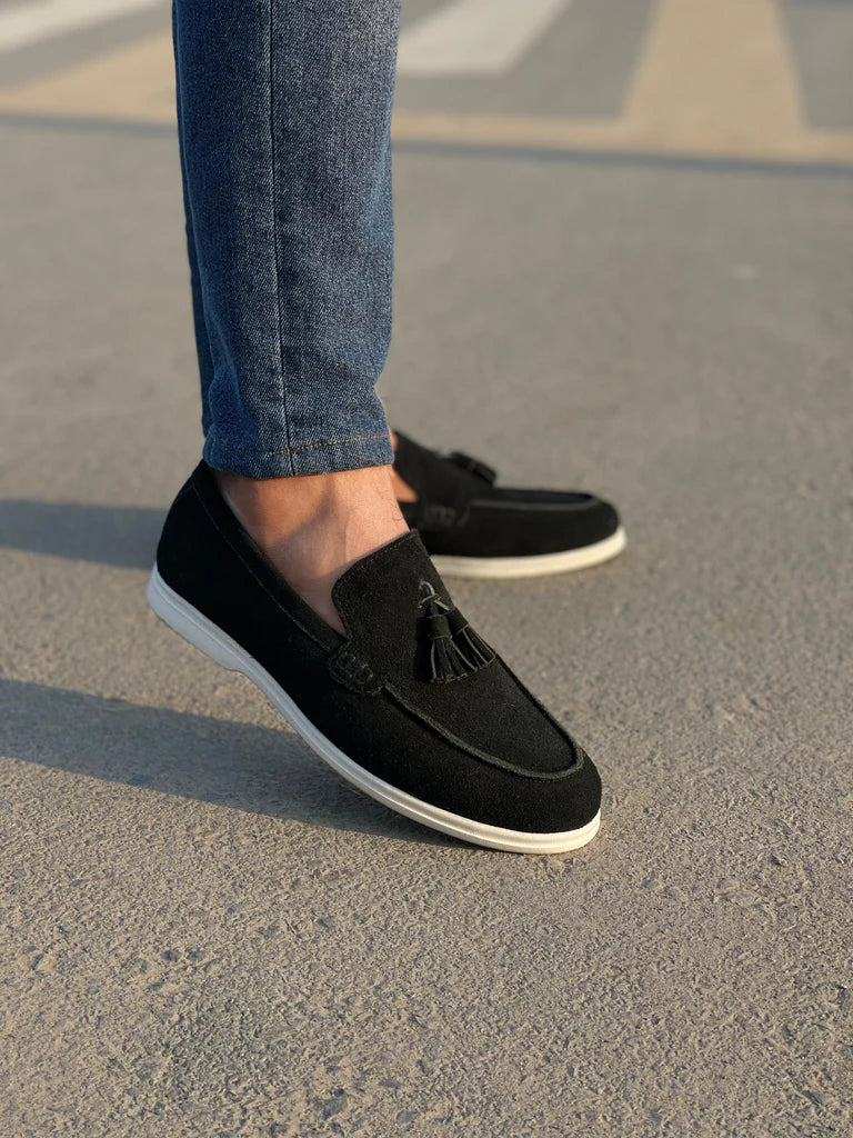 Black Suede Slip On Tassel Loafers