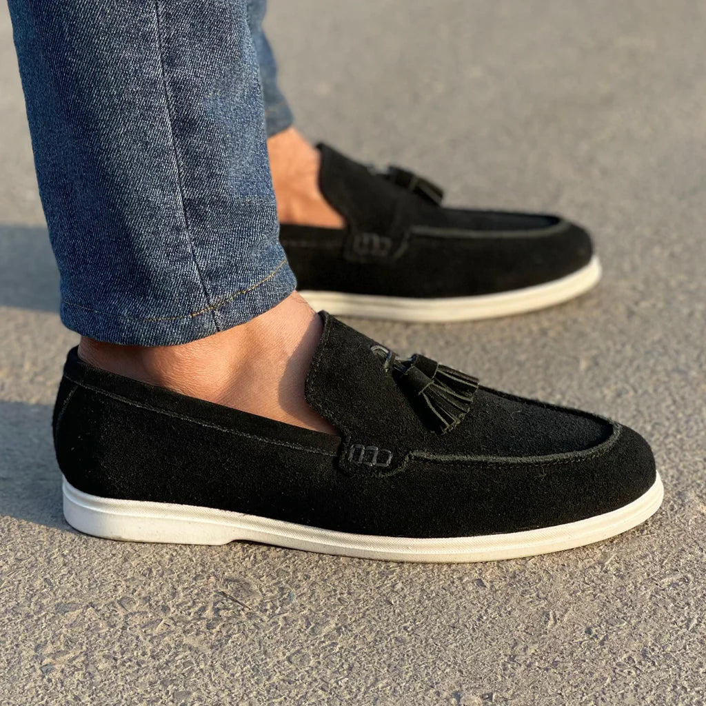 Black Suede Slip On Tassel Loafers