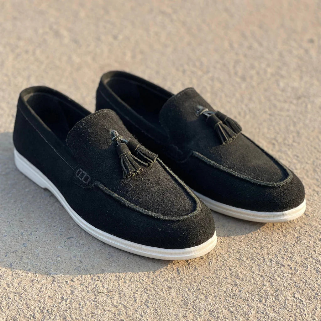 Black Suede Slip On Tassel Loafers