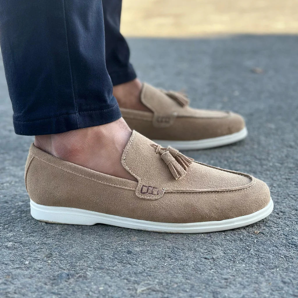 Beige Suede Slip On Tassel Loafers