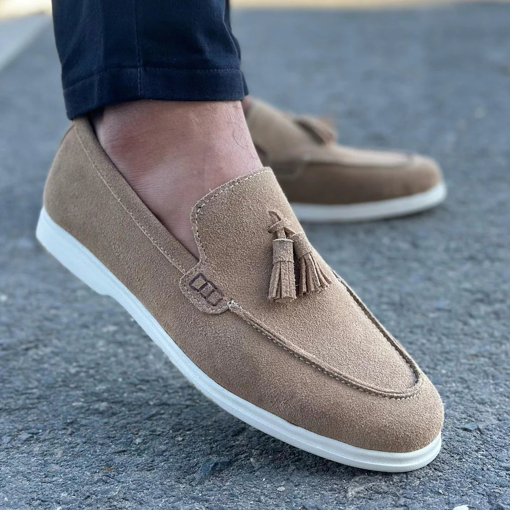 Beige Suede Slip On Tassel Loafers