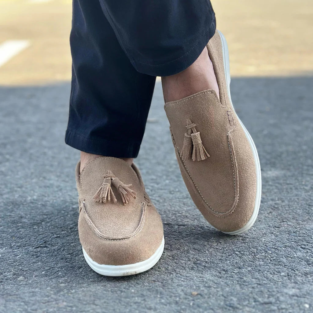 Beige Suede Slip On Tassel Loafers