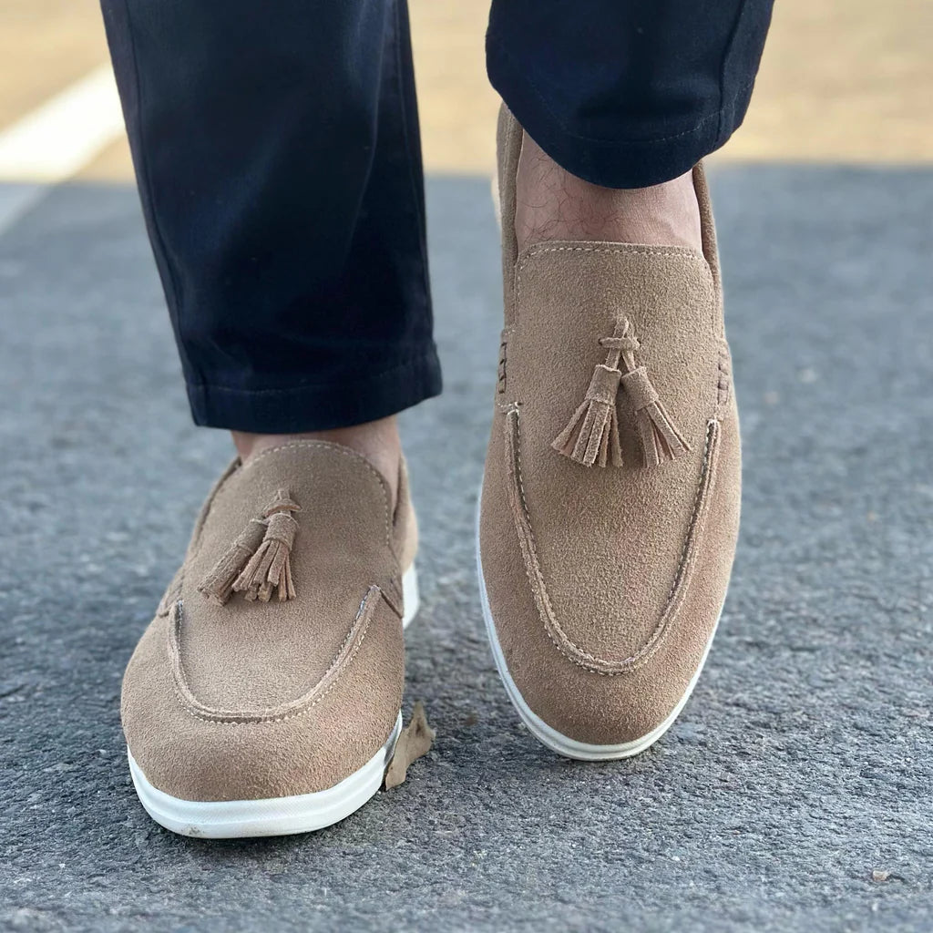 Beige Suede Slip On Tassel Loafers