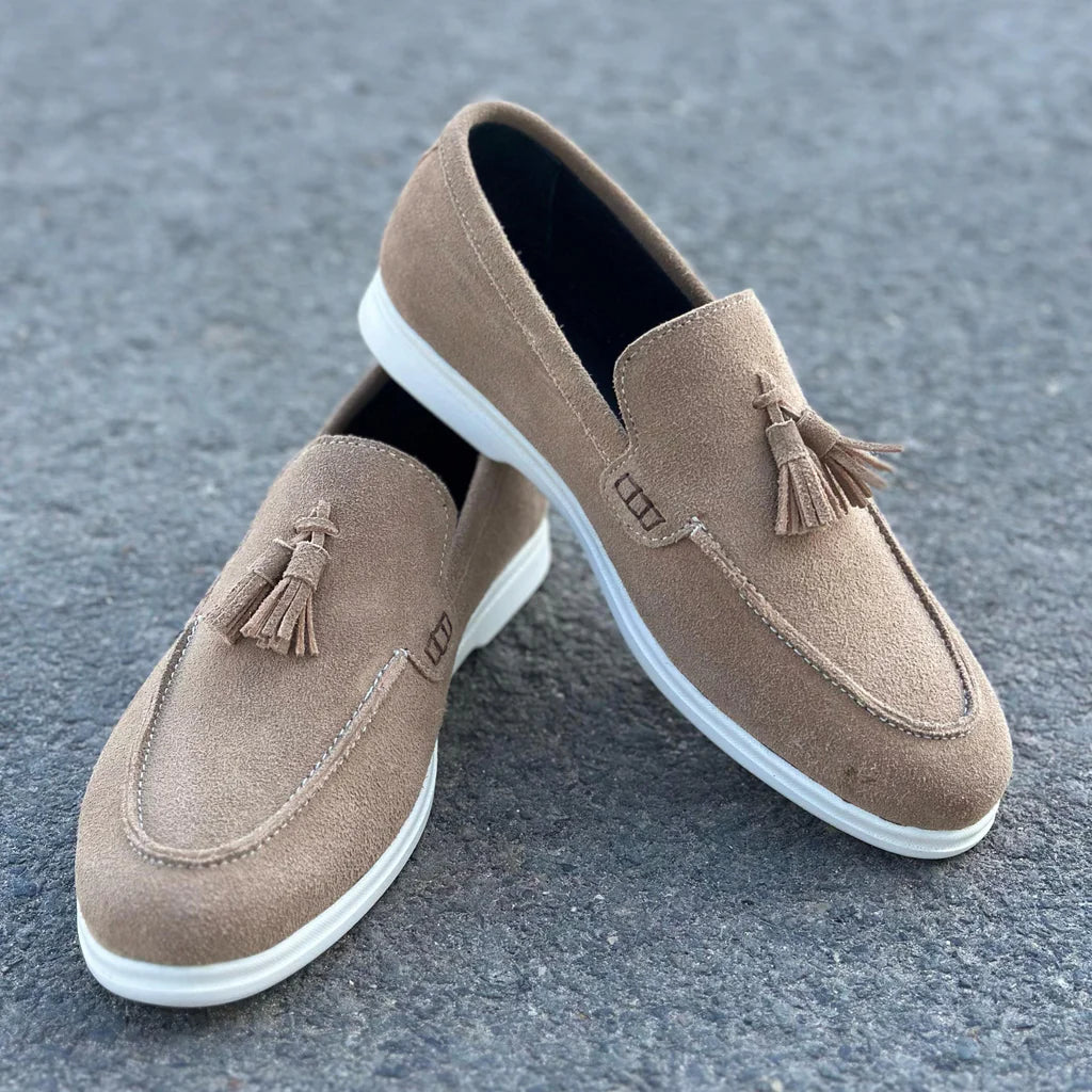 Beige Suede Slip On Tassel Loafers