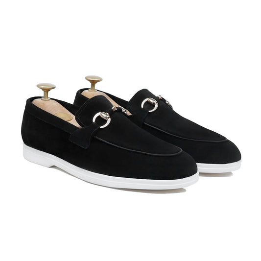 Onyxe Luxe – Black Suede Buckle Loafers