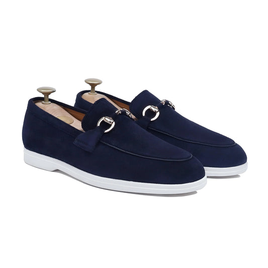Marino Luxe – Dark Blue Suede Buckle Loafers