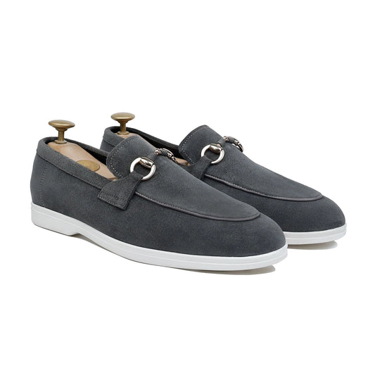 Grizio Luxe – Charcoal Grey Suede Buckle Loafers