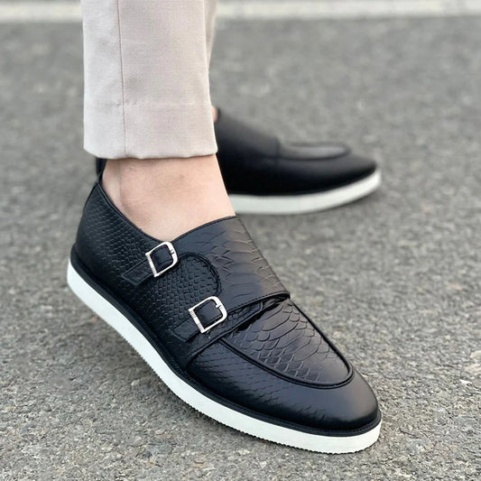 Black Textured Double Monk Casual Shoes