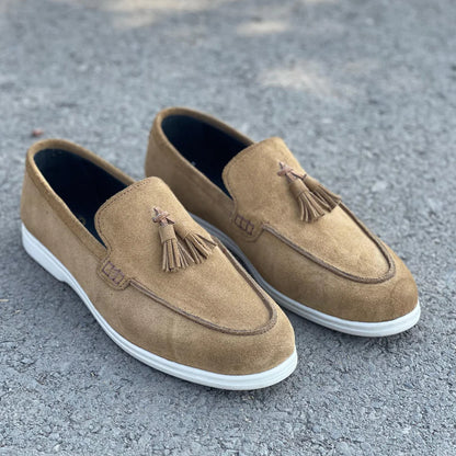 Mustard Suede Slip On Tassel Loafers