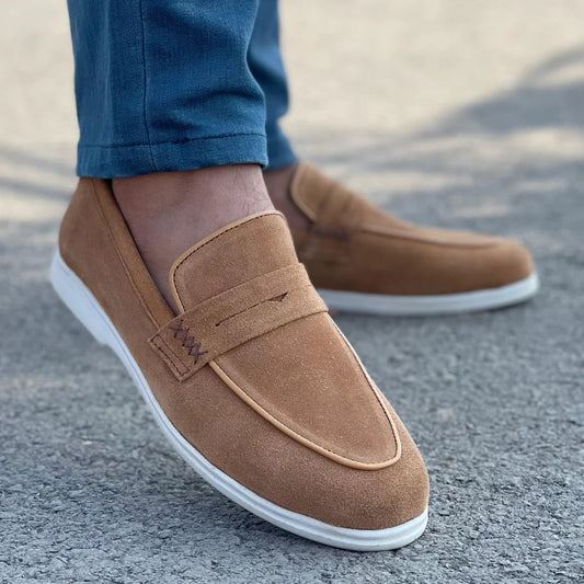 Tan Brown Suede Slip On Penny Loafers