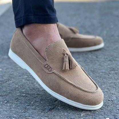 Beige Suede Slip On Tassel Loafers