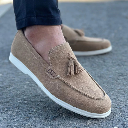 Beige Suede Slip On Tassel Loafers