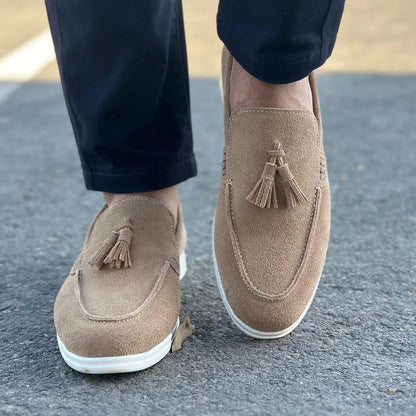 Beige Suede Slip On Tassel Loafers